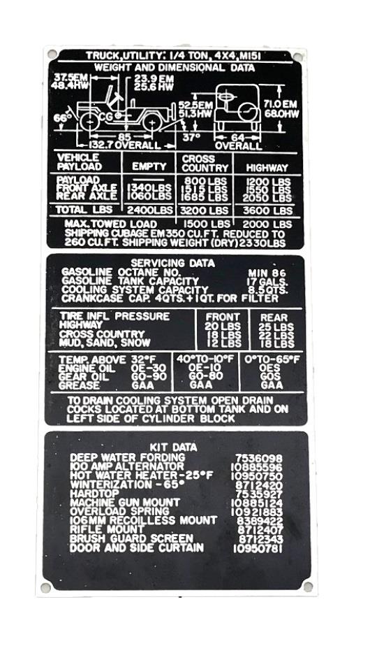 Data Plate Tag M151 Jeep MUTT Utility Truck 1/4 4x4 Weight and